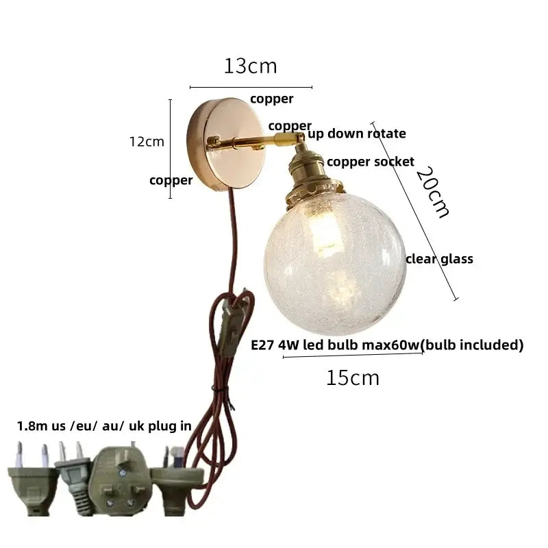 Vintage brass wall lamp with clear glass globe and pull chain switch featuring e27 led bulb for bathroom use