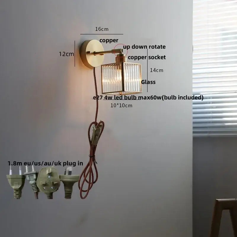 Vintage brass wall lamp with copper wall sconce clear glass rectangular shade and pull chain switch for bathroom use