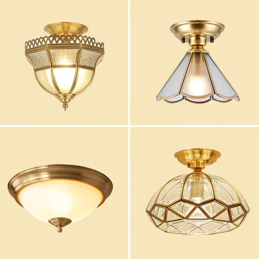 Vintage Brass Cone Semi Flush Mount Ceiling Light with Frosted White Glass – Ideal for Corridors
