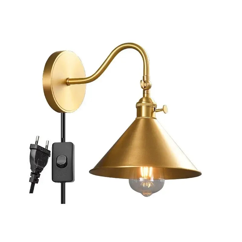 Brass-finished vintage led copper wall lights with curved arm and conical shade featuring pull chain for bedroom decorbites