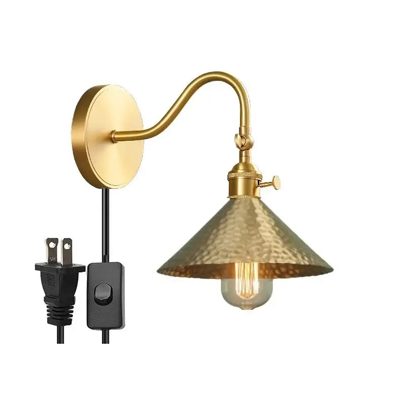Vintage brass conical led copper wall lights with hammered metal shade and pull chain for bedroom decorbites led copper wall