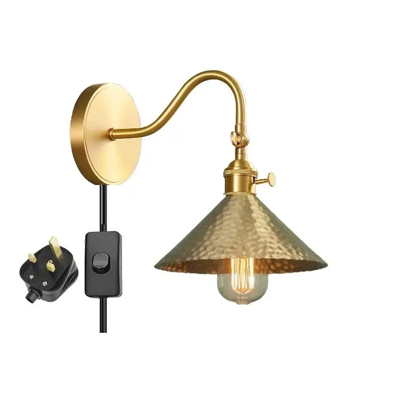 Vintage brass conical led copper wall light with hammered gold finish and exposed Edison bulb for bedroom decorbites led copper wall lights