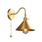 Vintage brass conical led copper wall light with curved arm exposed bulb and pull chain for bedroom decorbites led copper wall