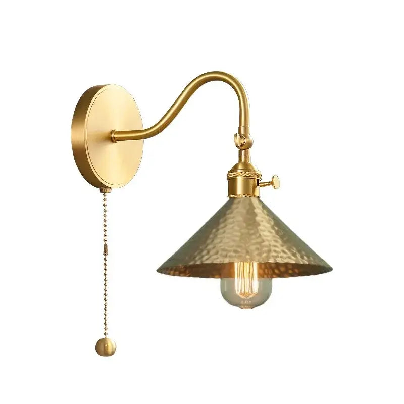 Vintage brass conical led copper wall light with hammered metal shade and pull chain for bedroom decorbites led copper wall