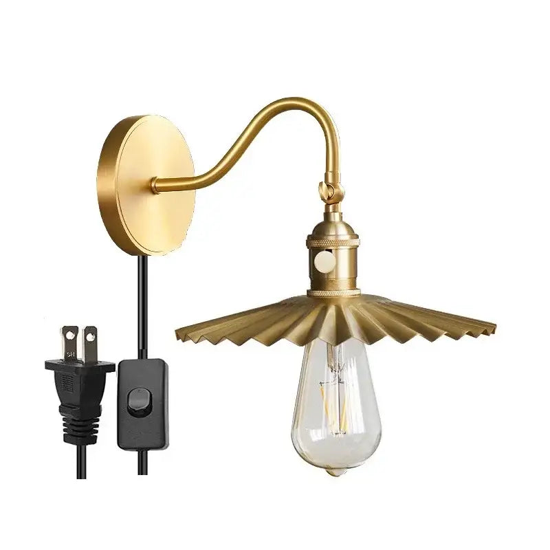 Vintage brass conical led copper wall light with fluted petal shade and exposed Edison bulb for bedroom decorbites led copper