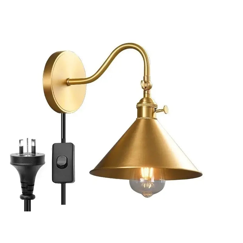 Vintage brass conical led copper wall light with curved arm and pull chain for bedroom decorbites led copper wall lights