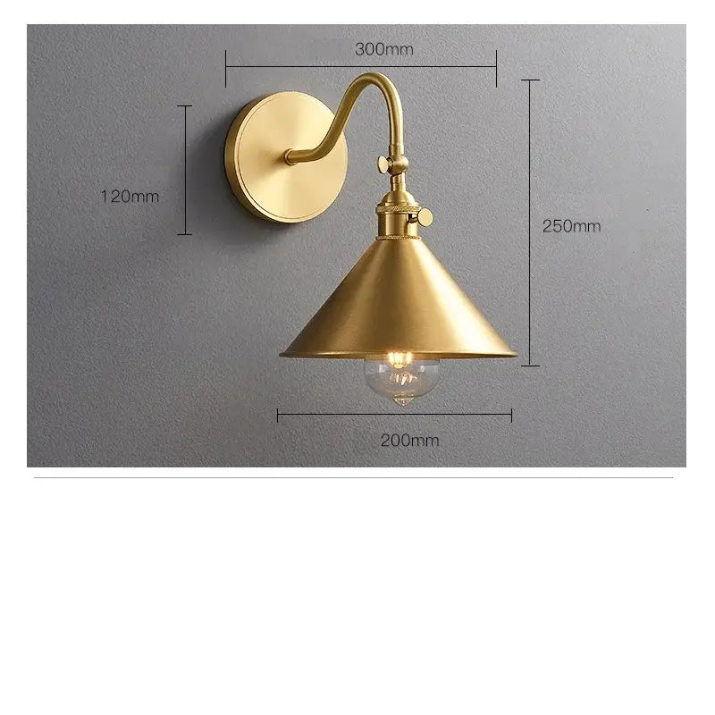 Vintage brass conical led copper wall light with curved arm and pull chain ideal for bedroom decorbites led copper wall lights