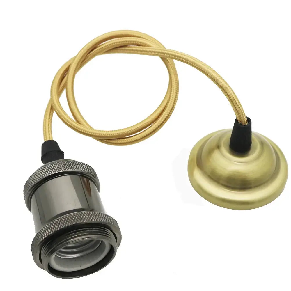 Vintage brass aluminum pendant light with brass-finished socket, textured black metal base, and gold braided cord decorbites aluminum pendant