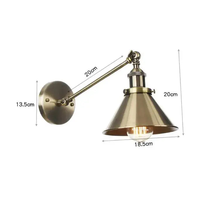 Vintage brass copper wall light with adjustable conical shade and brass-finished industrial-style arm for bedroom decorbites brass copper