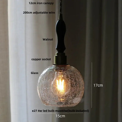 Vintage brass crackled glass globe led pendant light with warm-toned glass globe and walnut iron canopy for decorbites