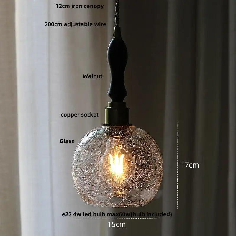 Vintage brass crackled glass globe led pendant light with warm-toned glass globe and walnut iron canopy for decorbites