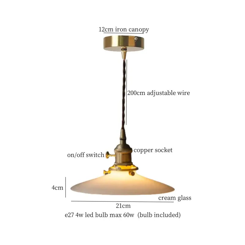Vintage brass cream glass led pendant light with iron canopy and copper socket perfect for dining room decorbites pendant lights