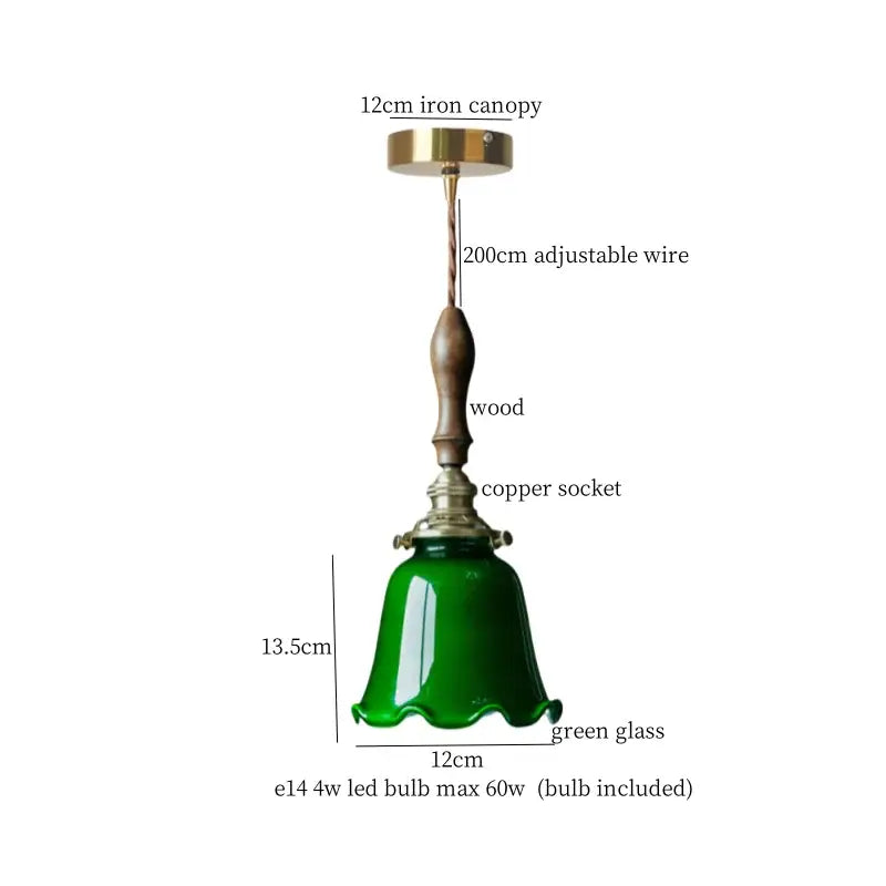 Vintage brass cream glass led pendant light with green glass bell shade wooden handle for dining room decorbites cream glass