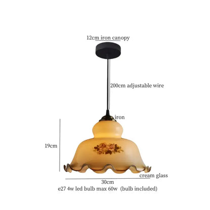 Vintage brass cream glass led pendant light with ruffled floral shade and iron canopy for dining room decorbites cream glass