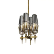 Vintage brass crystal chandelier with five smoked glass shades and geometric metal cages for dining room decorbites brass crystal