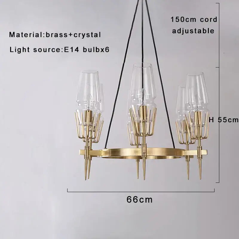 Gold-toned brass crystal chandelier lights with six clear glass shades and adjustable black cord for dining room decorbites brass crystal