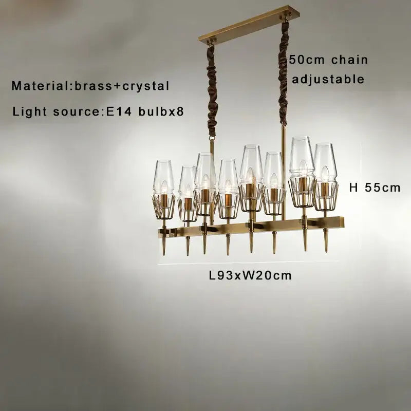 A modern decorbites brass crystal chandelier with clear glass shades and twisted chain suspension for dining rooms