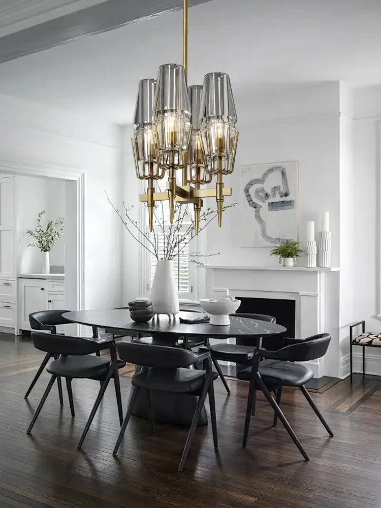Vintage brass crystal chandelier lights with smoked glass cylindrical shades on a brass frame for dining room decorbites brass crystal