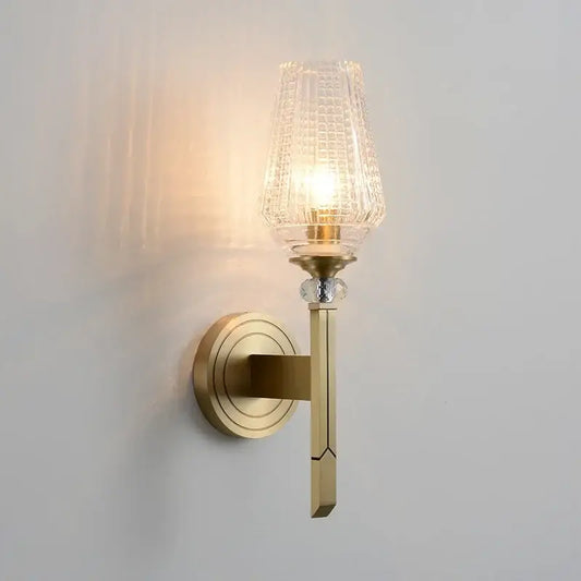 Vintage brass crystal copper wall lamp with faceted glass shade providing warm light for bedroom decorbites wall lamp