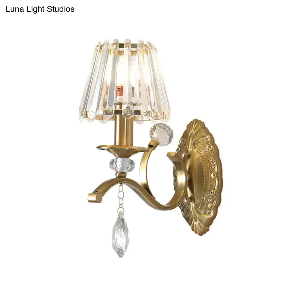 Vintage brass crystal fringe wall sconce with gold-toned finish and faceted crystals for e14 bulb base lighting