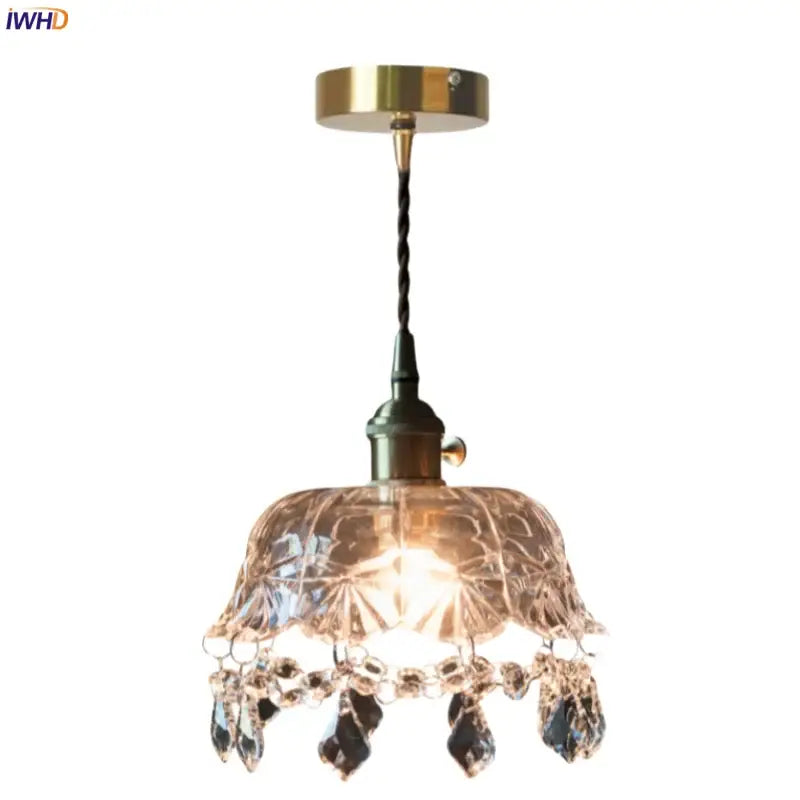 Vintage brass crystal glass led pendant light with ornate glass shade and twisted black cord for dining room decorbites