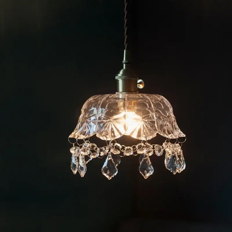 Vintage brass crystal glass led pendant light with fluted petal shade and crystal droplets for dining room decorbites