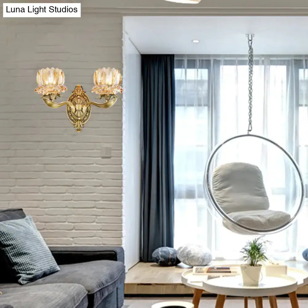 Gold-toned ornate vintage brass wall lamp with two crystal-encrusted glass shades e12 e14 for living room lighting