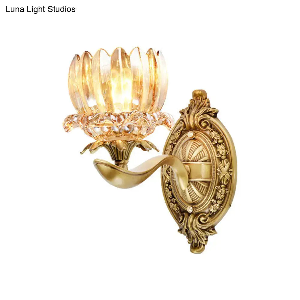 Gold-toned ornate vintage brass crystal lotus wall lamp with faceted amber glass shade for living room e12 e14 lighting