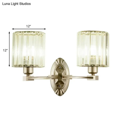Vintage brass wall light fixture with two cylindrical crystal shades 12 by 18 inches for living room lighting