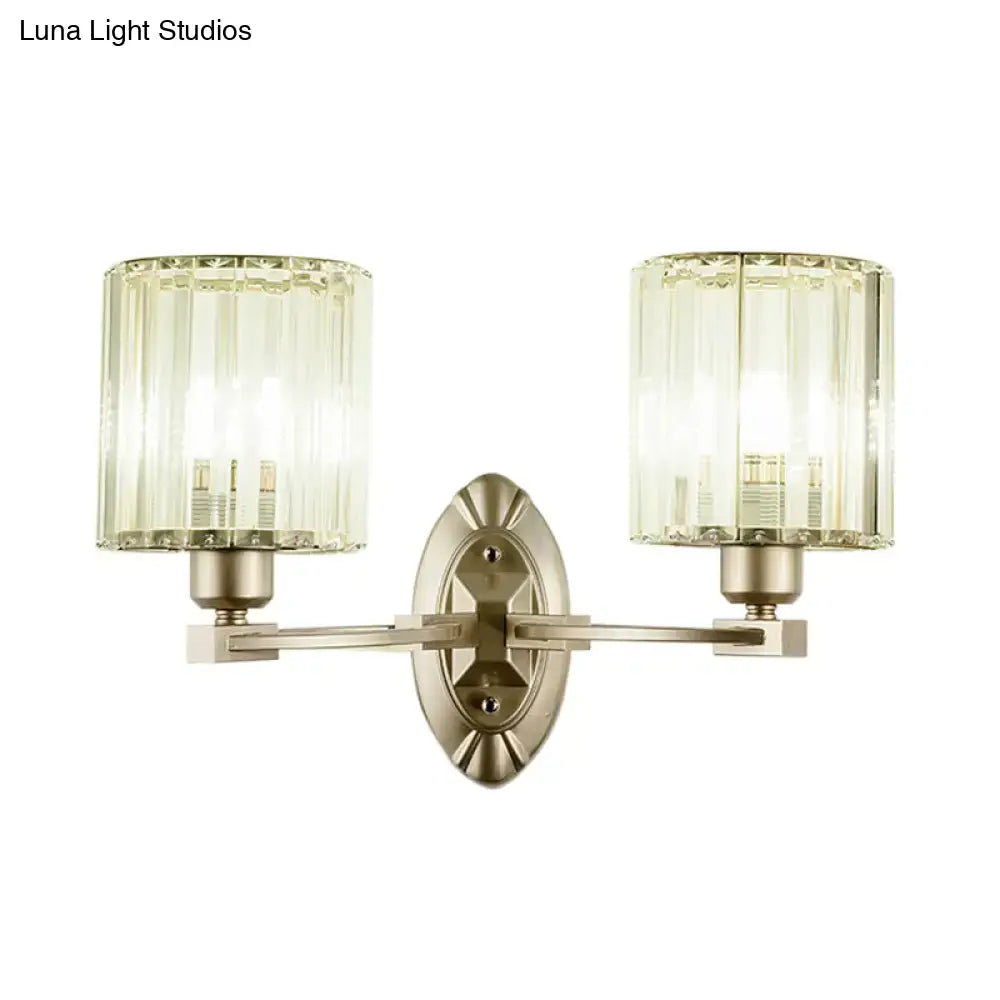 Vintage brass wall light fixture with two cylindrical crystal shades for living room light fixture decor