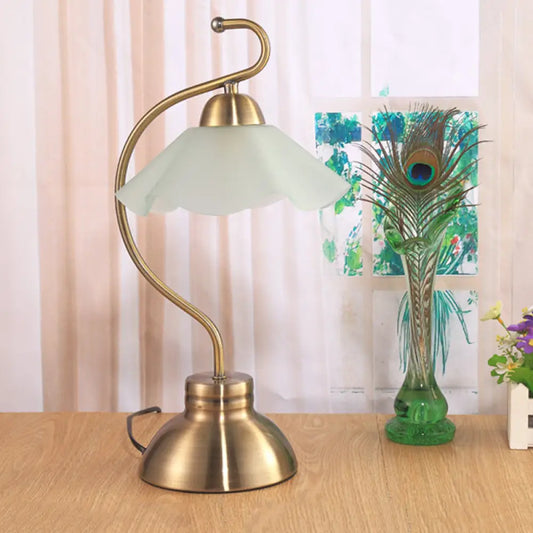 Vintage Brass Curvaceous Night Light Table Lamp with Ruffle Milk Glass Lampshade