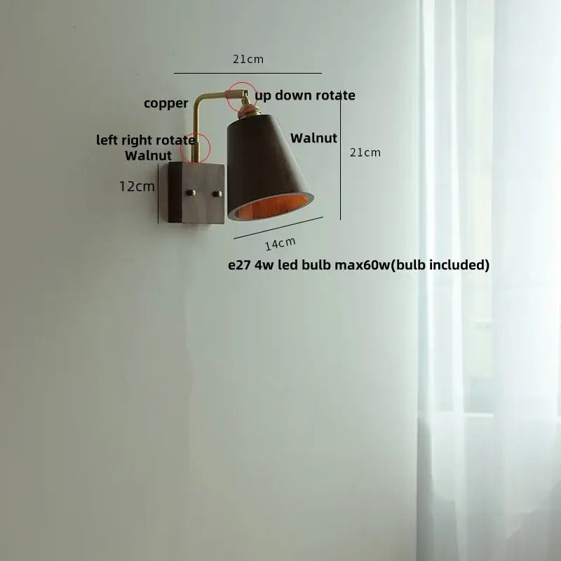 Adjustable copper and walnut wall light sconce with warm-toned conical shade for bedroom decorbites copper lighting