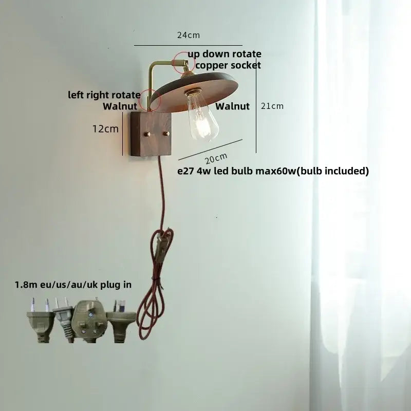 Vintage brass and dark wood wall light sconce with walnut base copper arm and exposed edison bulb by decorbites copper