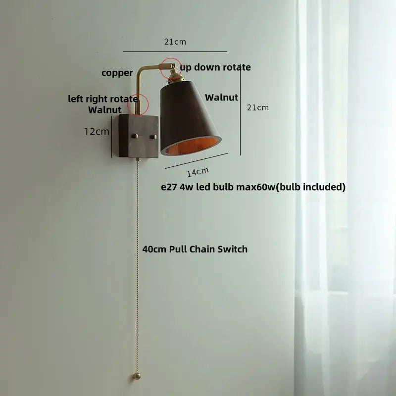Industrial style wall light sconce with copper arm and walnut shade featuring adjustable rotation decorbites copper