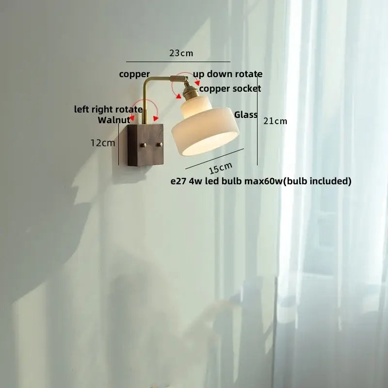 Vintage brass and dark wood wall light sconce with copper and walnut finish and frosted glass shade by decorbites copper
