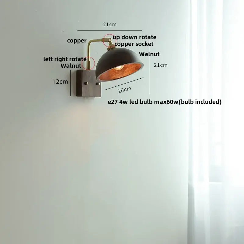 Vintage brass and dark wood wall light sconce with matte black dome shade and decorbites copper arm for adjustable lighting