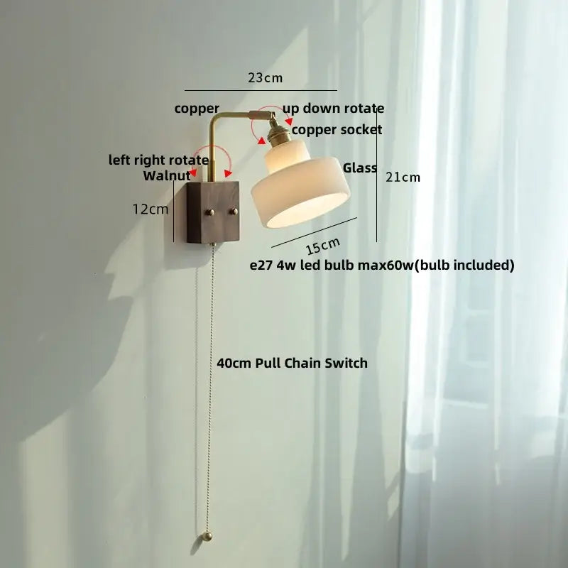 Rustic wall light sconce with decorbites copper arm, walnut wood base, frosted glass shade, and 40cm pull chain switch