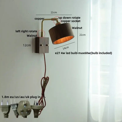 Vintage brass and copper finished wall light sconce with walnut shade and adjustable arm for bedroom decorbites copper style