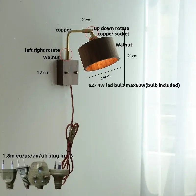 Vintage brass and copper finished wall light sconce with walnut shade and adjustable arm for bedroom decorbites copper style
