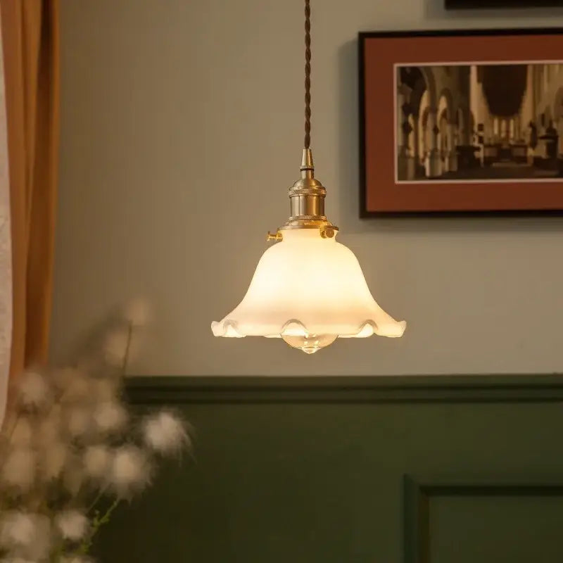 A warm cream lace glass led pendant light with vintage brass finish and twisted cord for dining room decorbites cream lace