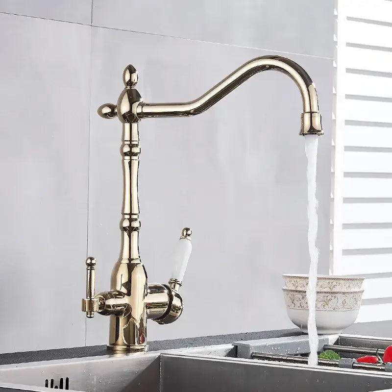 Vintage brass dual spout filter kitchen water purification faucet with curved spout and ornate dual handle design