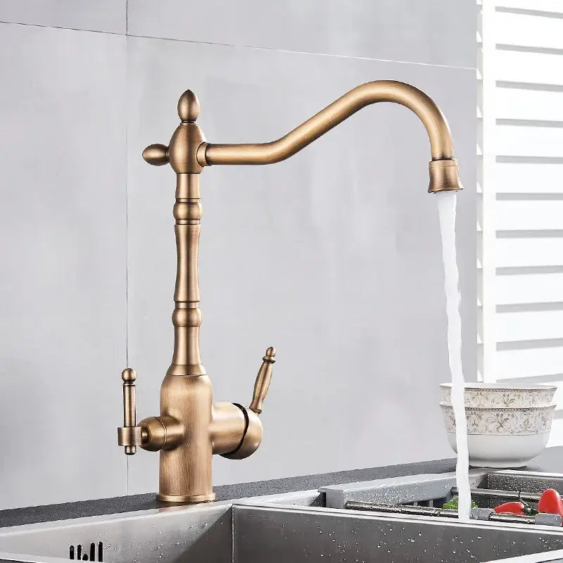 Antique brass-finished vintage brass dual spout filter kitchen faucet with curved spout and dual handles by decorbites