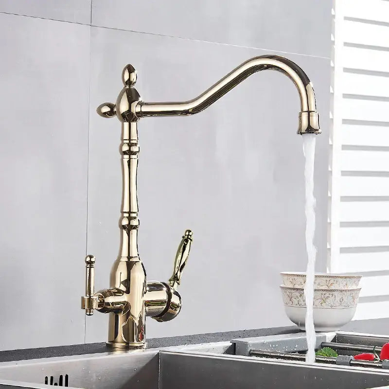 Vintage brass dual spout filter faucet with ornate brass finish and curved spout for kitchen water purification and decorbites dual spout use