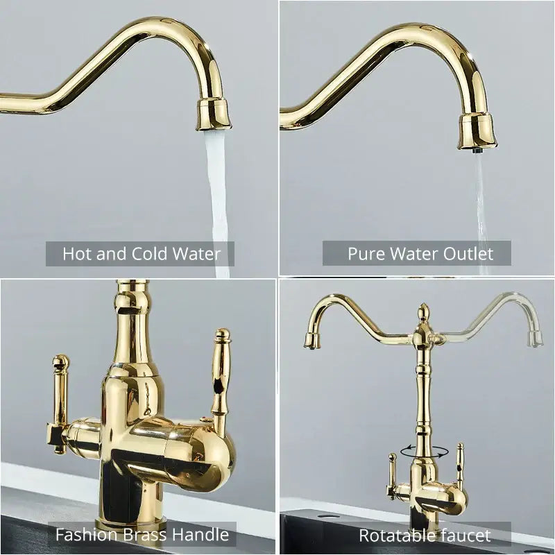 Vintage brass dual spout filter kitchen faucet with gold-finished brass and rotatable spout by decorbites dual spout