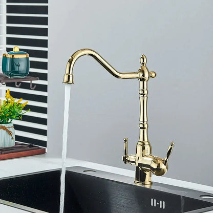 Vintage brass dual spout filter kitchen faucet with curved spout and dual handles by decorbites