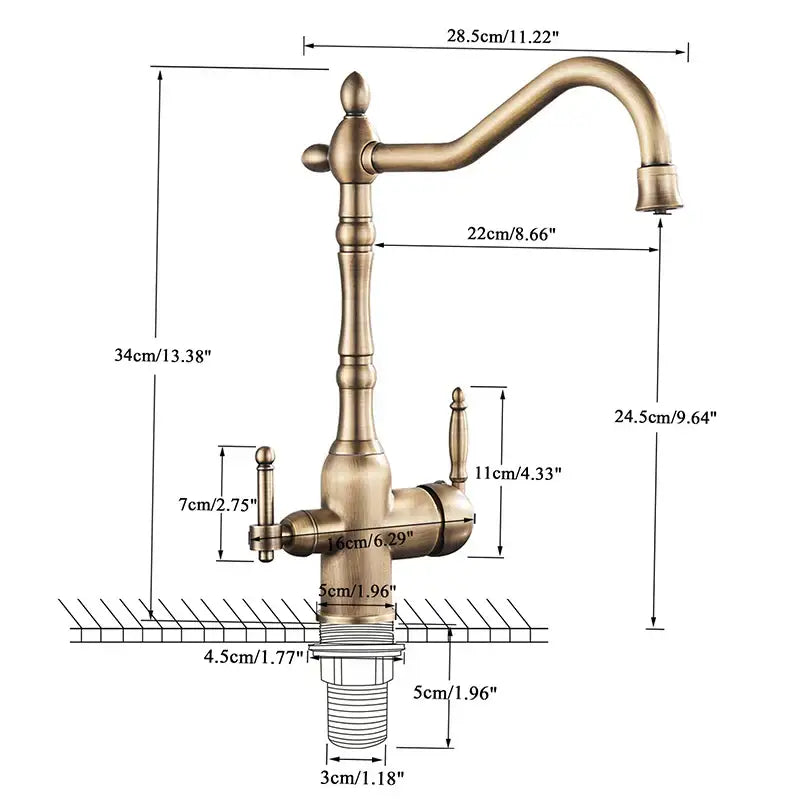 Vintage brass dual spout filter kitchen faucet with antique brass finish and ornate turned design by decorbites dual spout