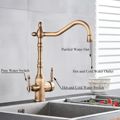 Vintage brass dual spout filter kitchen faucet with antique brass finish curved spout and dual handles for water control