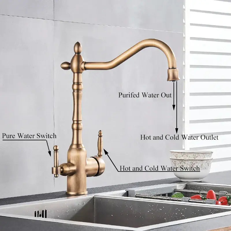 Vintage brass dual spout filter kitchen faucet with antique brass finish curved spout and dual handles for water control