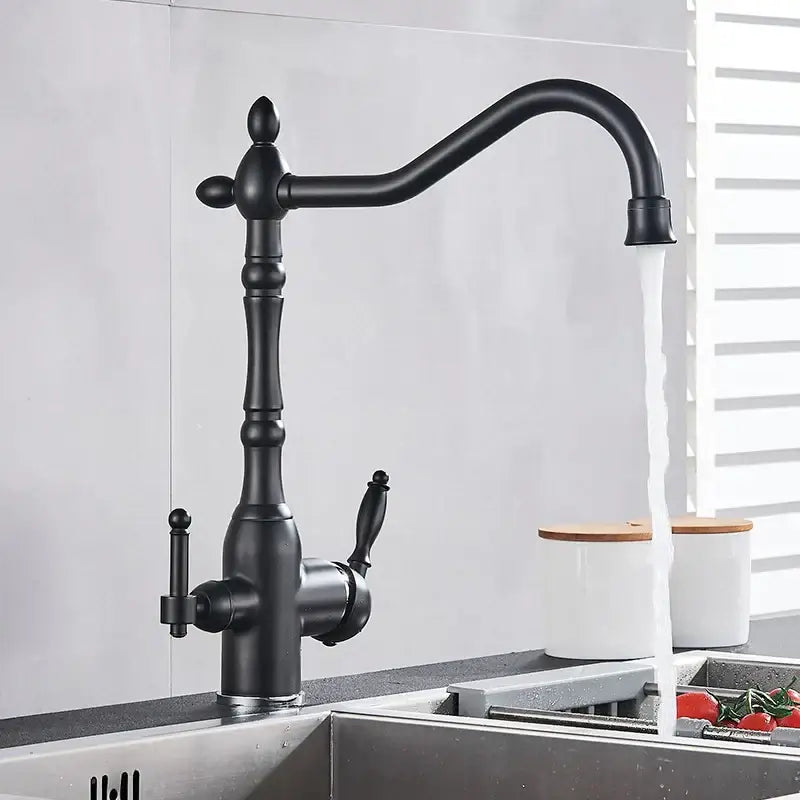 Black matte vintage brass dual spout filter faucet with ornate detailing and curved spout for kitchen water purification