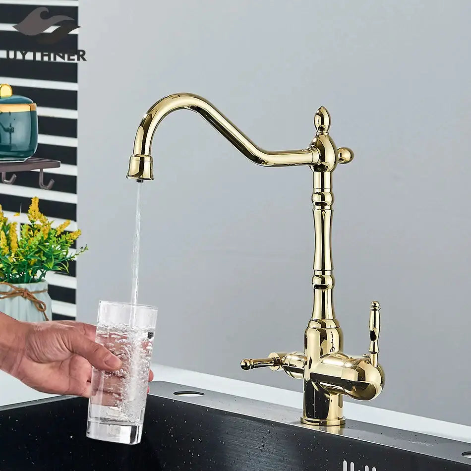 Vintage brass dual spout filter faucet with ornate detailing and curved spout for kitchen water purification by decorbites
